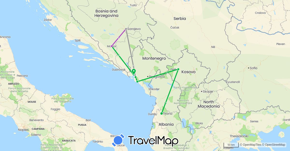TravelMap itinerary: bus, plane, train in Albania, Bosnia and Herzegovina, Montenegro (Europe)